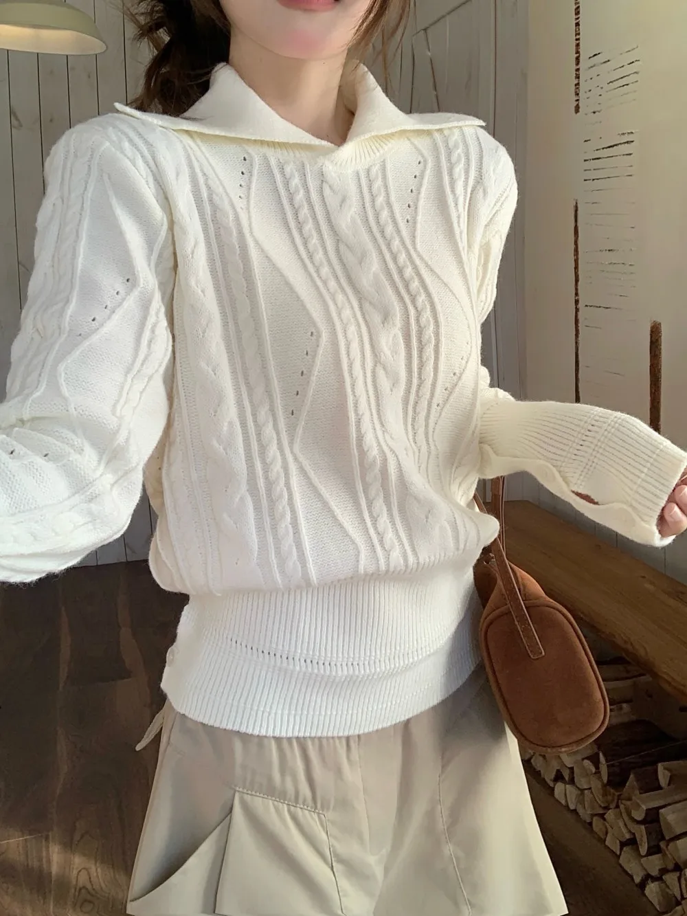 

Autumn Winter Lady Elegant Temperament Lapel Pullover Warm Knitwear Jumper Woman Clothes Soft Twisted Sweater Casual Tops