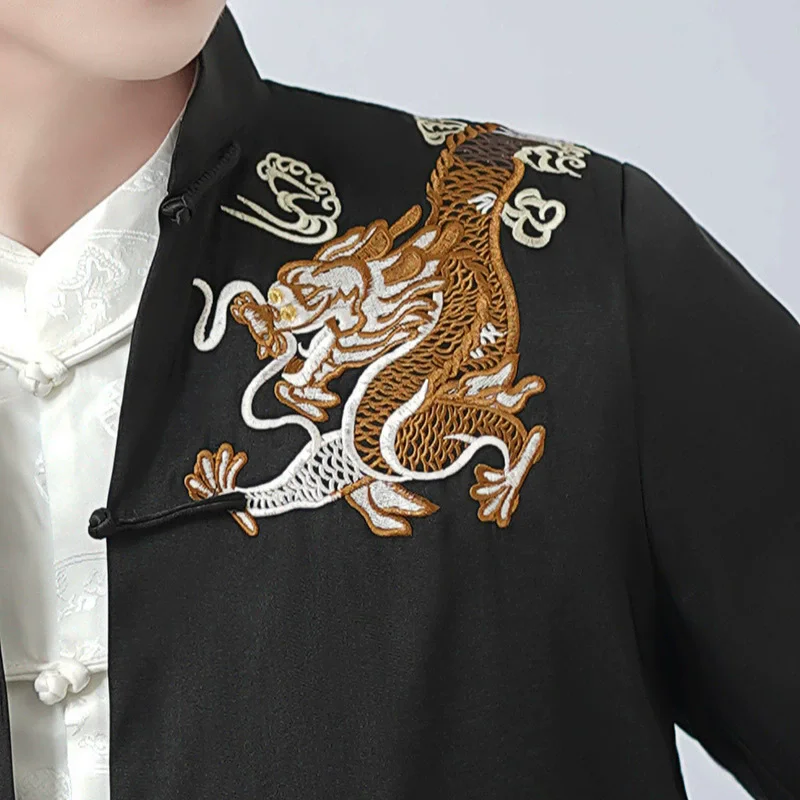 Chinese Hanfu Tang Clothes Satin Kung Fu Tai Chi Shirt Men Long Sleeve Chesongam Top Embroider Dragon Jacker Festival Gift