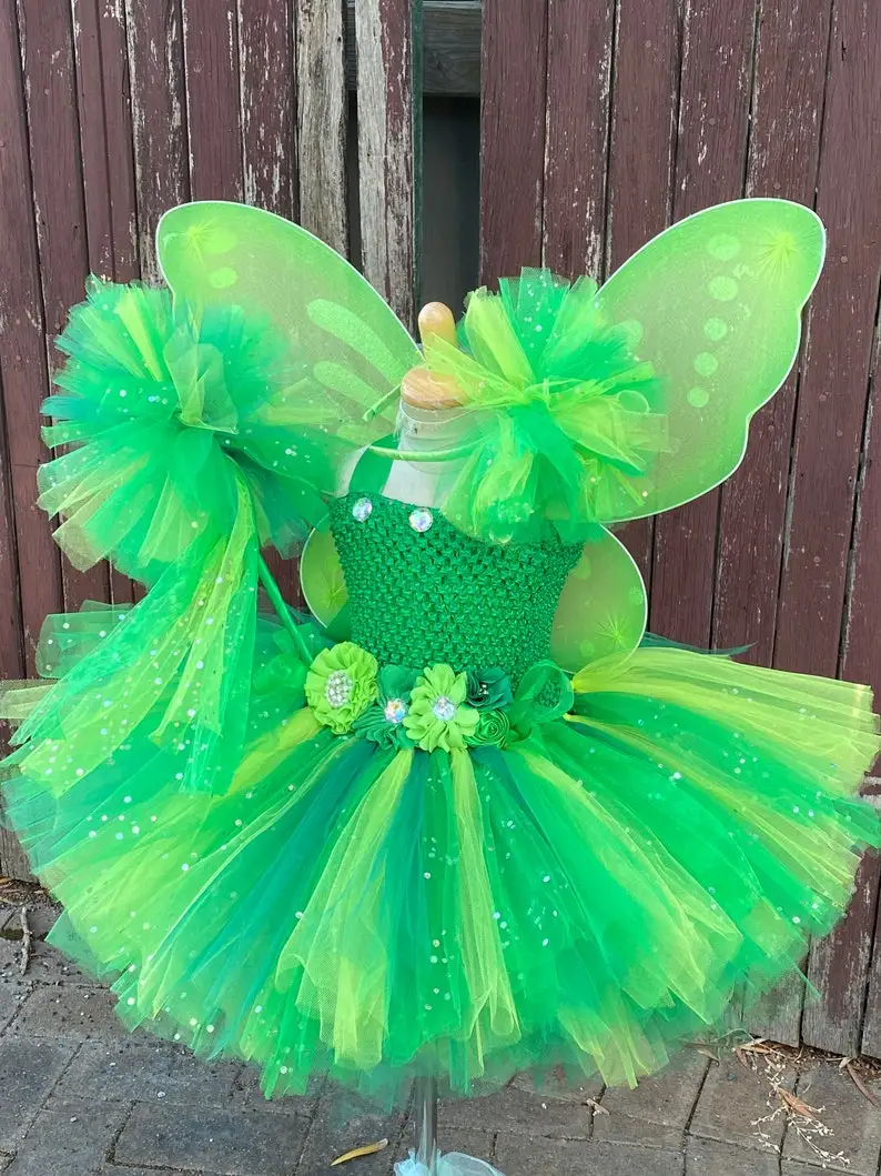 Girls Green Flower Fairy Dress Kids Glitter Tutu Dress with Butterfly Wing and Stick Hairbow Set Children Cosplay Party Costumes