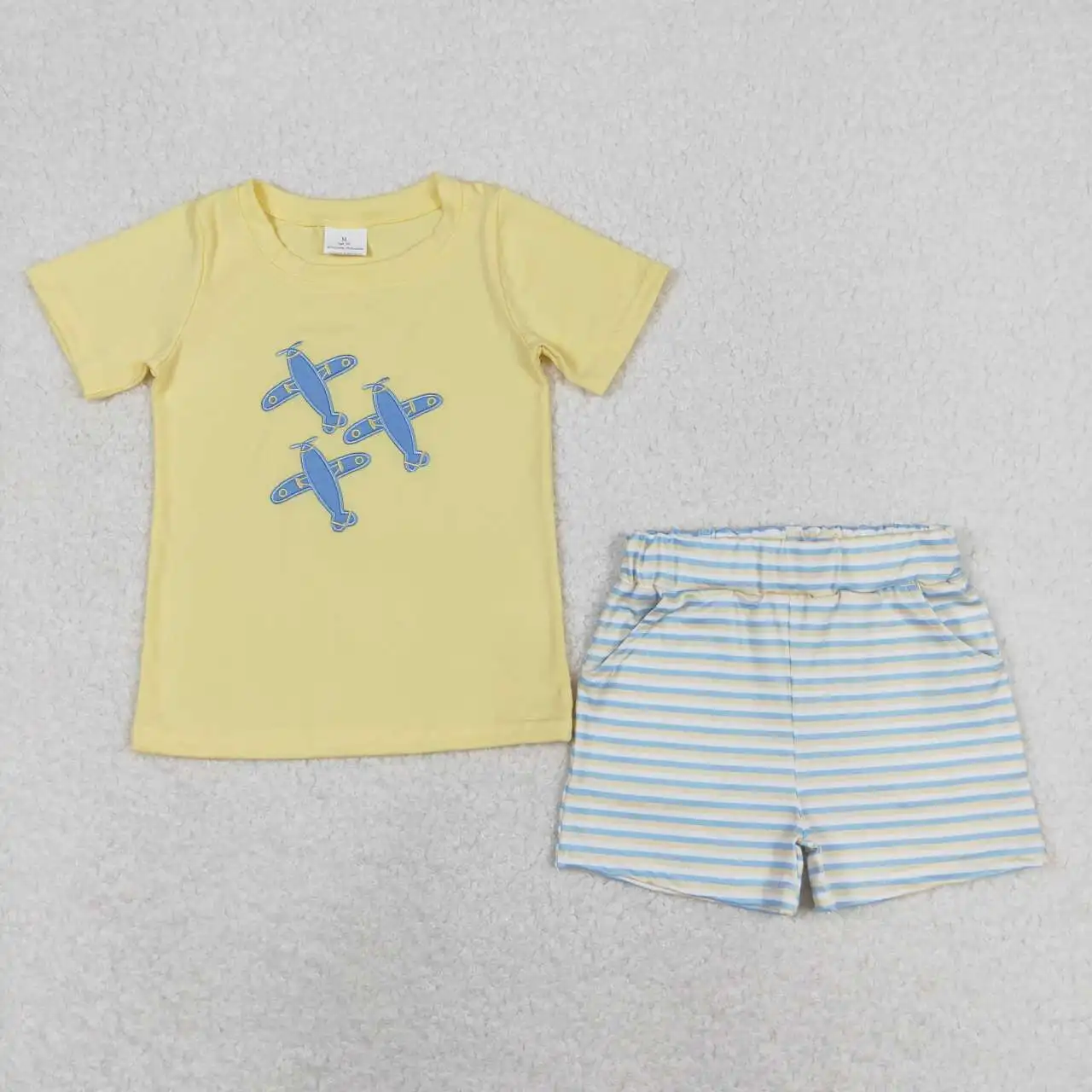 Wholesale Toddler Yellow Short Sleeves Cotton Plane T-shirts Kids Plaid Shorts Outfit Children Embroidery Summer Sets