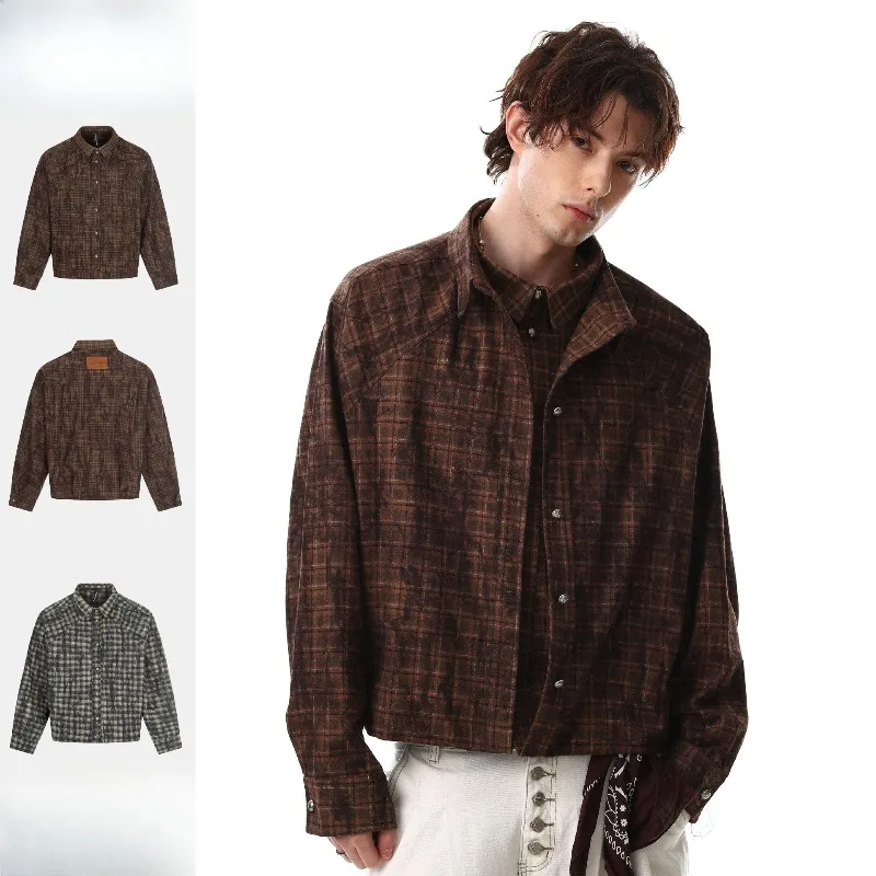 Y2k Retro Vintage Plaid Long Sleeved Shirts for Men Japan Korean Streetwear Autumn New Men's Casual Loose Shirt Jacket Coat
