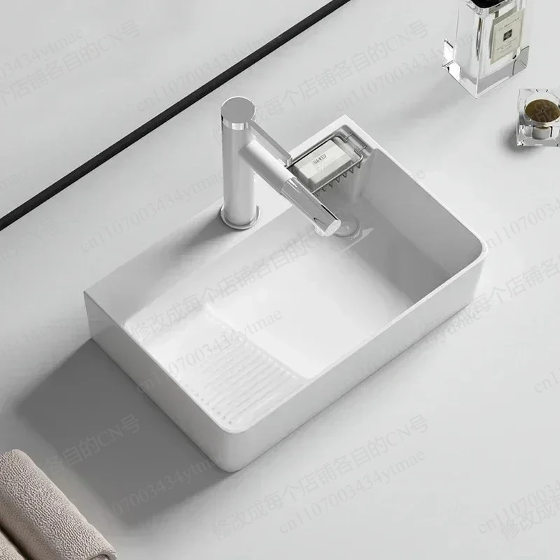 Compact Ceramic Washbasin with Washboard, Side Drain Design for Balcony & Bathroom