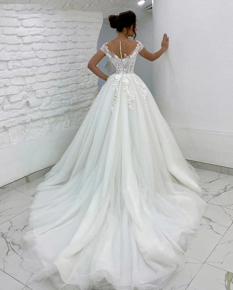 C & c luxo rendas tule vestidos de casamento feminino elegante sexy uma linha querida manga longa princesa formal vestidos de noiva