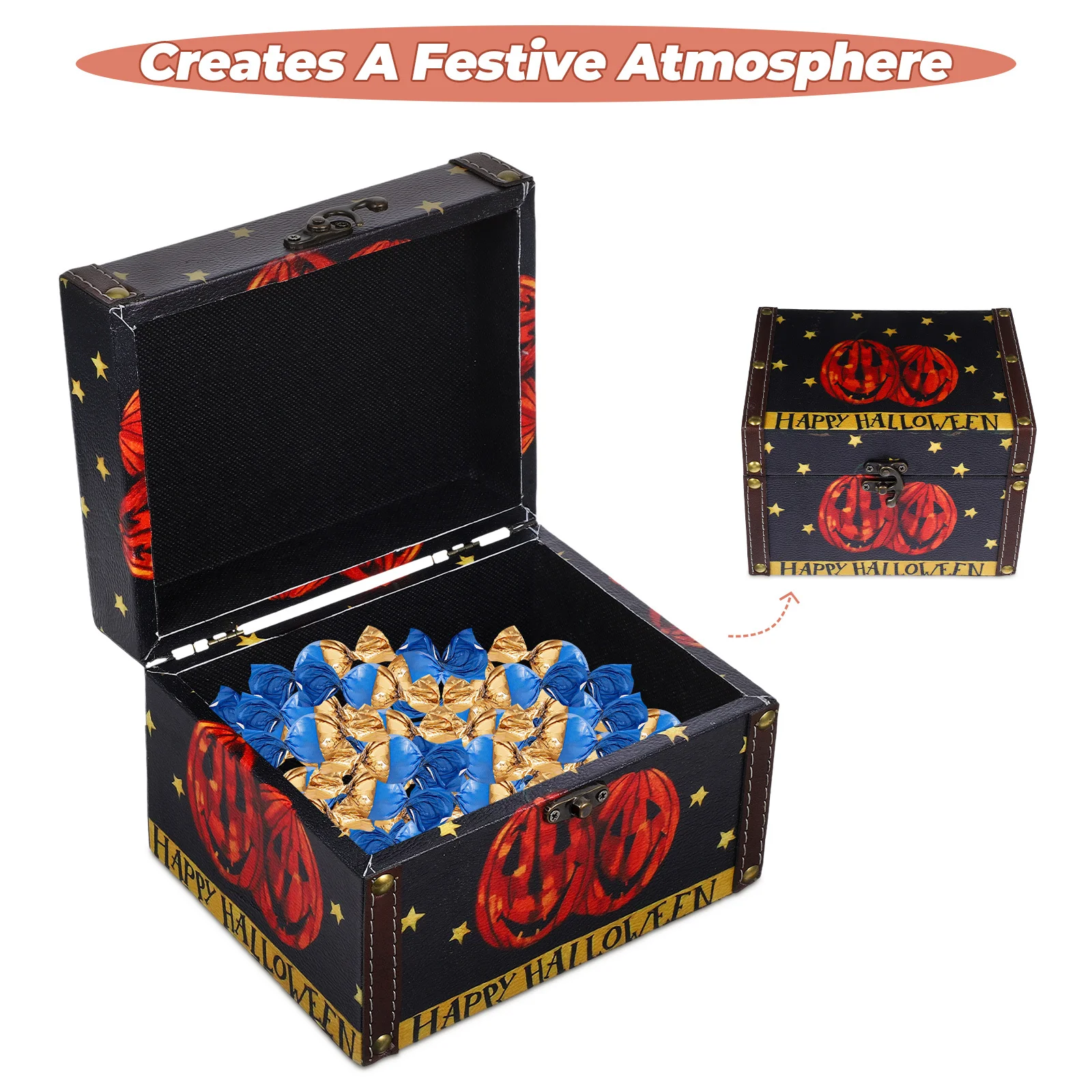 

Halloween Wooden Storage Box Large Capacity Pumpkin Pattern Candy Gift Box Vintage Trinket Holder Halloween Gift Organizer