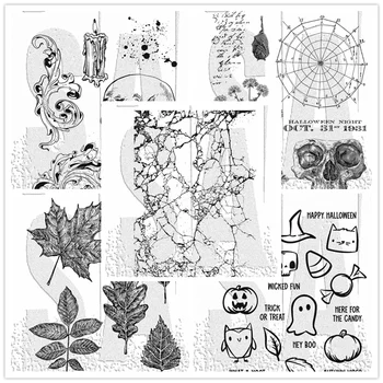 2023 그리드 블록 조각난 할로윈 해골, 스케치 나뭇잎, 가려진 투명 스탬프, 스크랩북 종이 제작 공예 카드, 신제품