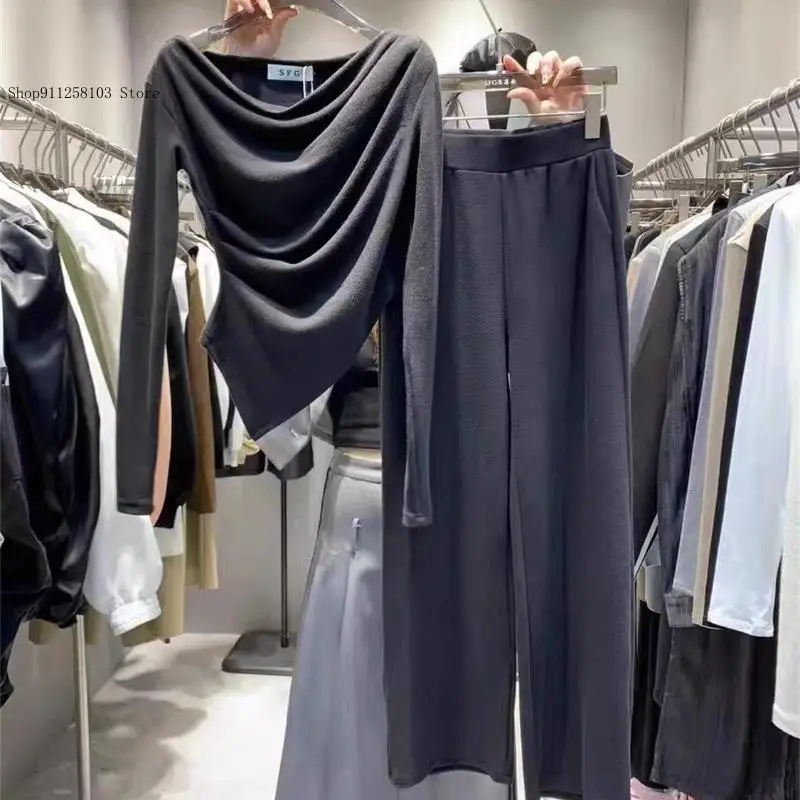 Spring Two Piece Sets Long Sleeve Irregular Fit Tops Women High Waist Loose Straight Wide Leg Pants