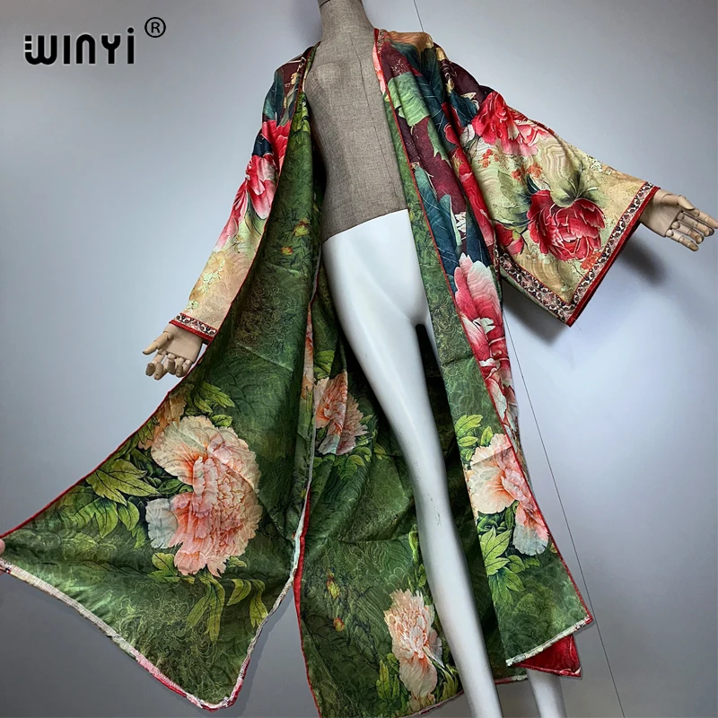 WINYI 고품질 양면 프린트 아바야 두바이 럭셔리 드레스 비치웨어 보헤미안 카디건 우아하고 섹시한 휴가용 긴팔 기모노