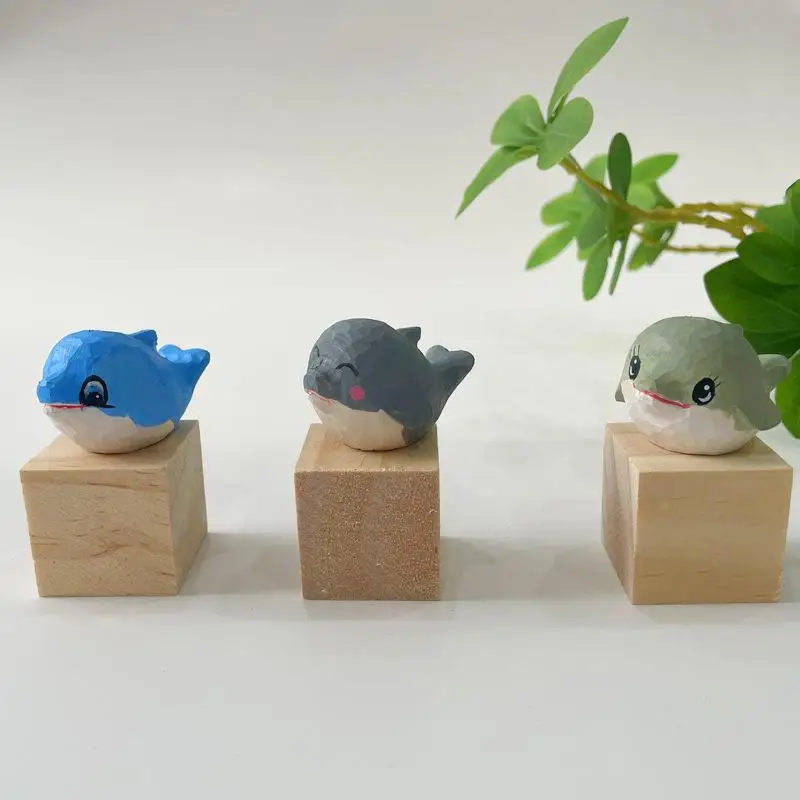 Hand Carved Wood Dolphin Figurine Cute Adorable Desk Decor Handmade Wooden Animal Craft Ornament Lovely Marine Animal Sculpture