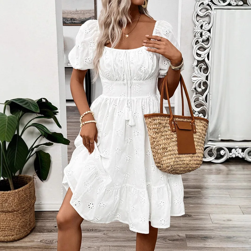 

2025 Casual Pure Color Square Collar Short Sleeve Dress Elegant Spring Summer Women's Clothing Cross-Border Fashion