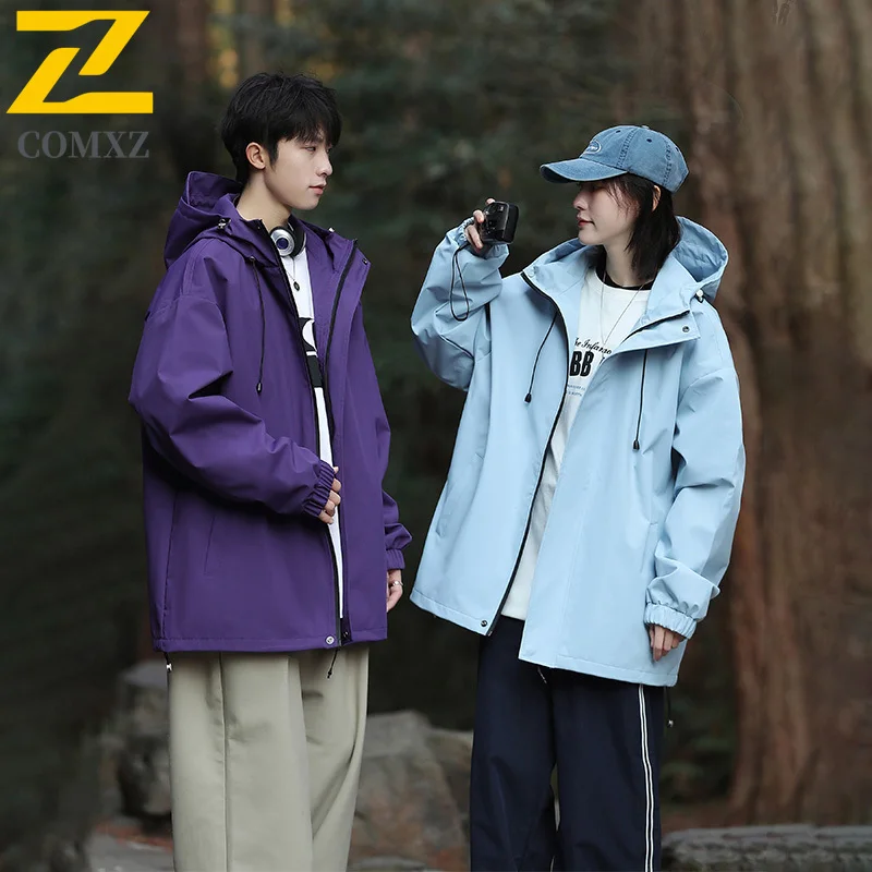 

2025 New Autumn Men's Jacket Fashion Loose Solid Color Waterproof Windproof Coat Unisex Outdoor Adventure Camping Hooded Coat