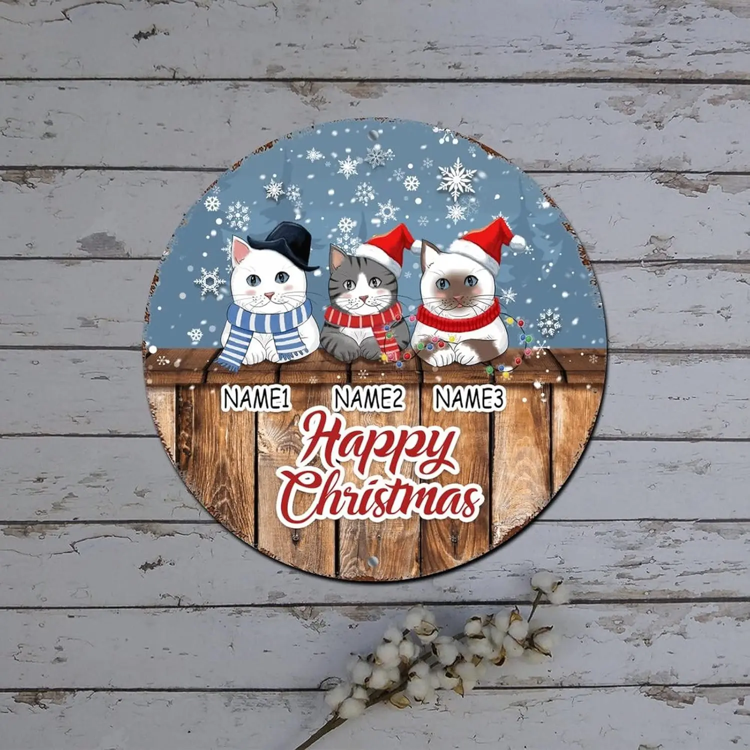 Metal Merry Christmas Sign Custom Cat Name Winter Snow Scene Round Metal Tin Sign Christmas Door Decorations Indoor Vintage Alum