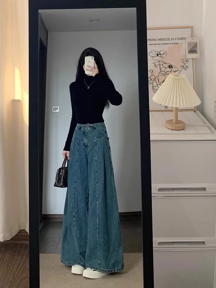Loose Wide Leg Jeans Women's Autumn Winter Lazy Style High Waist Zipper High Quality Blue A-Line Flared Pants Long Trousers