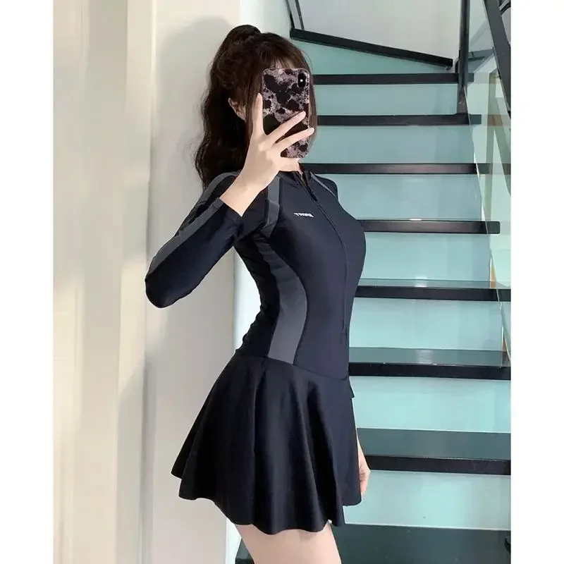 Fashion Korean Style Swimsuits Women All Match Long Sleeve Lady Swimwear Sexy Fashion Dress Patchwork Y2K Female Clothes L156