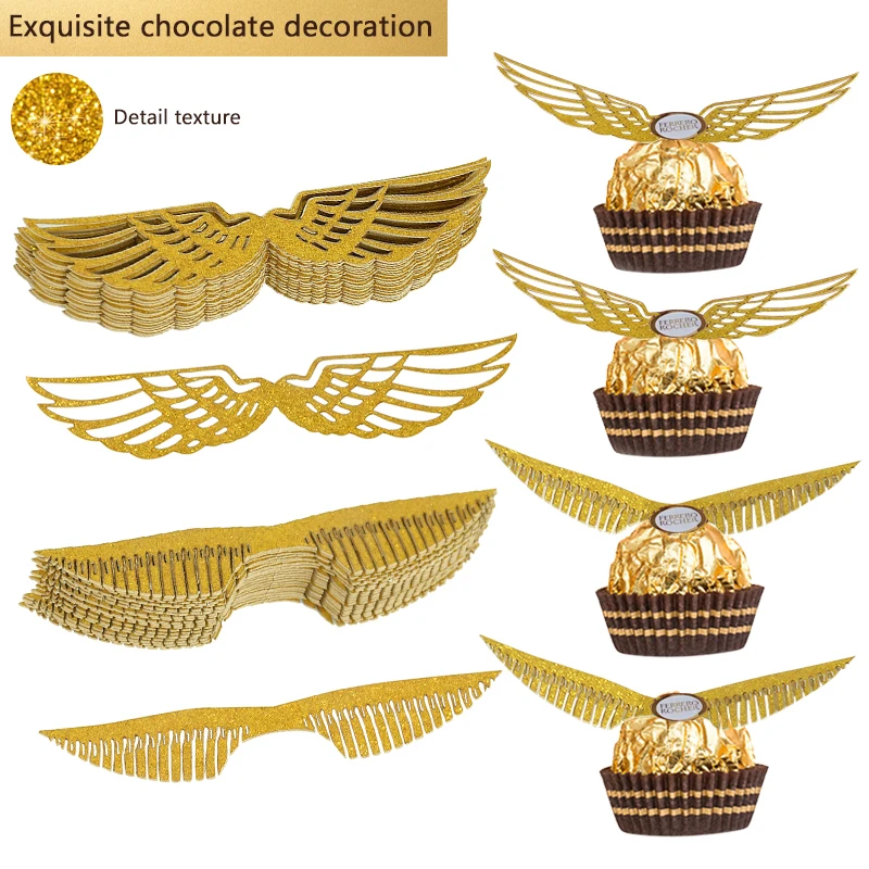 50Pcs Glitter Wings Chocolate Cake Decoration Gold Paper Wings Cupcake Toppers Wizard Party Candy Wrapper Birthday Wedding Decor