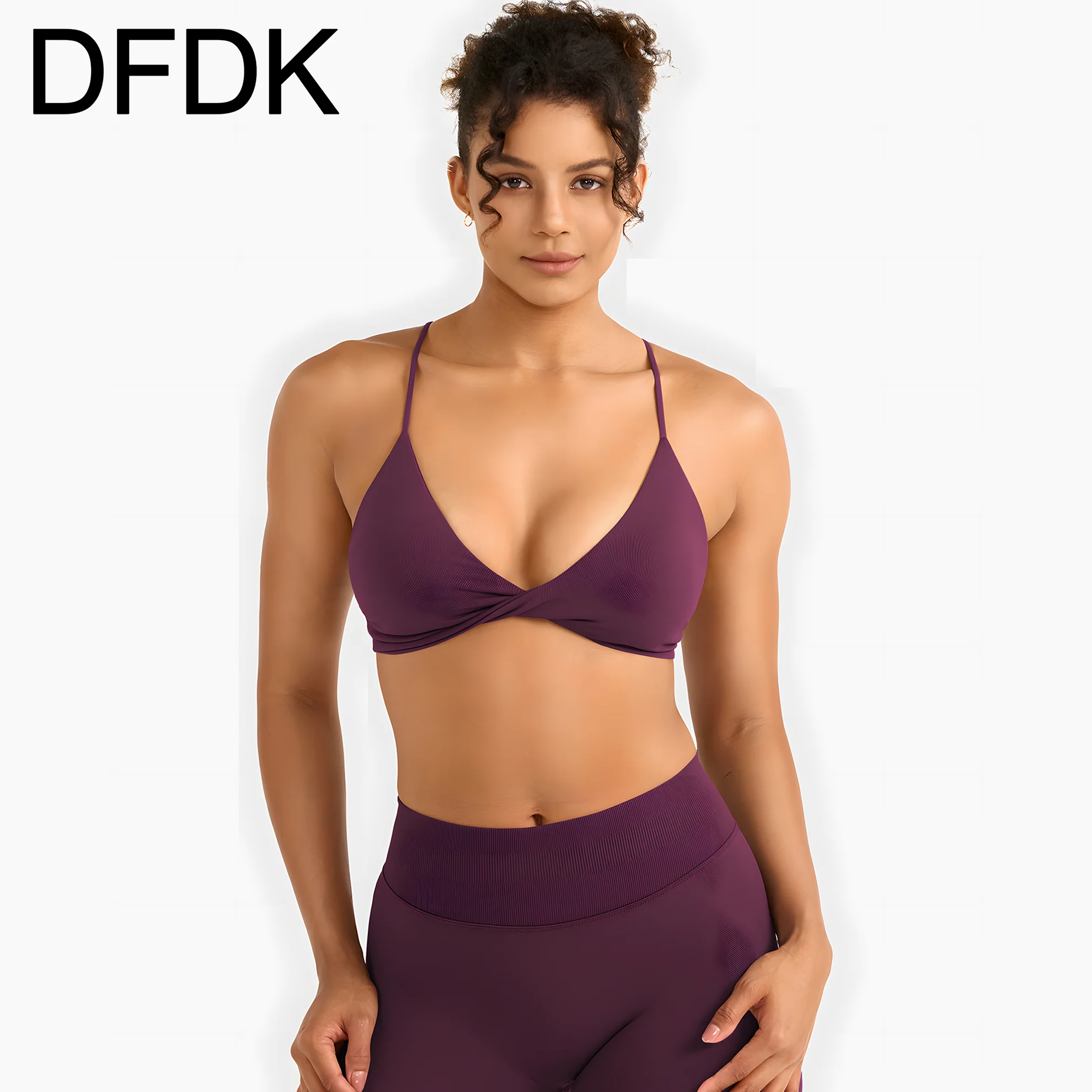 DFDK Twist Front Sports Bra Women V Neck Thin Strap Cross Back Seamless Removable Pads Yoga Gym Fitness Workout Soft Support Bra