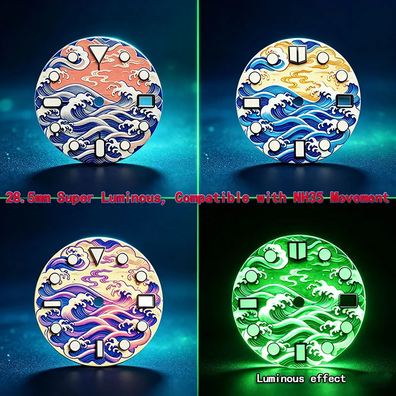 MechJazz 28.5mm Watch Dial, Super Luminous Sea‑Wave Pattern Dial, Fits NH35, NH36 Movement, Wristwatch Dial Modification Parts