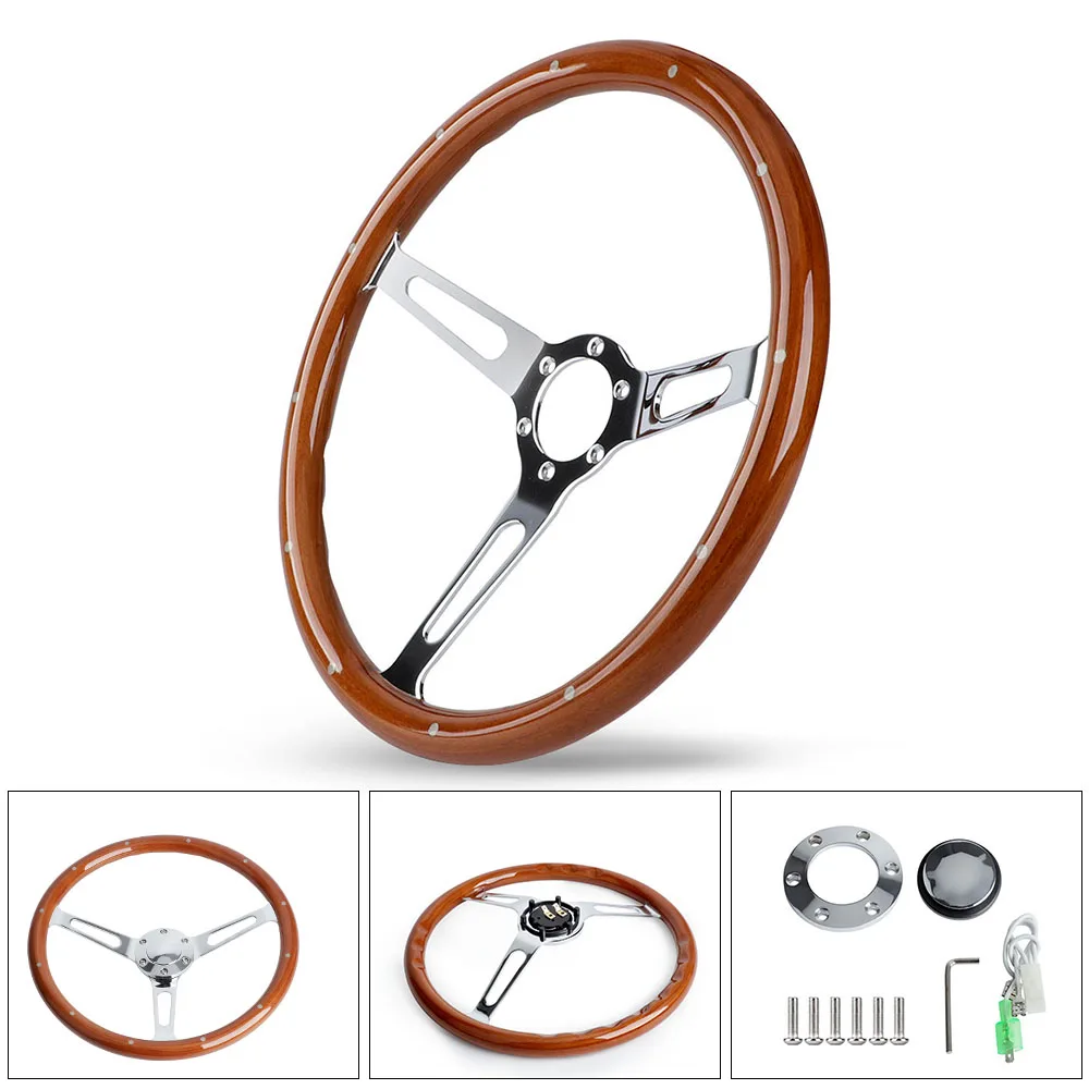 

Classic Wood Steering Wheel 15" 380mm With Horn Button Kit Riveted Wood Grip For Universal Car Auto Racing Sport Steering Wheel