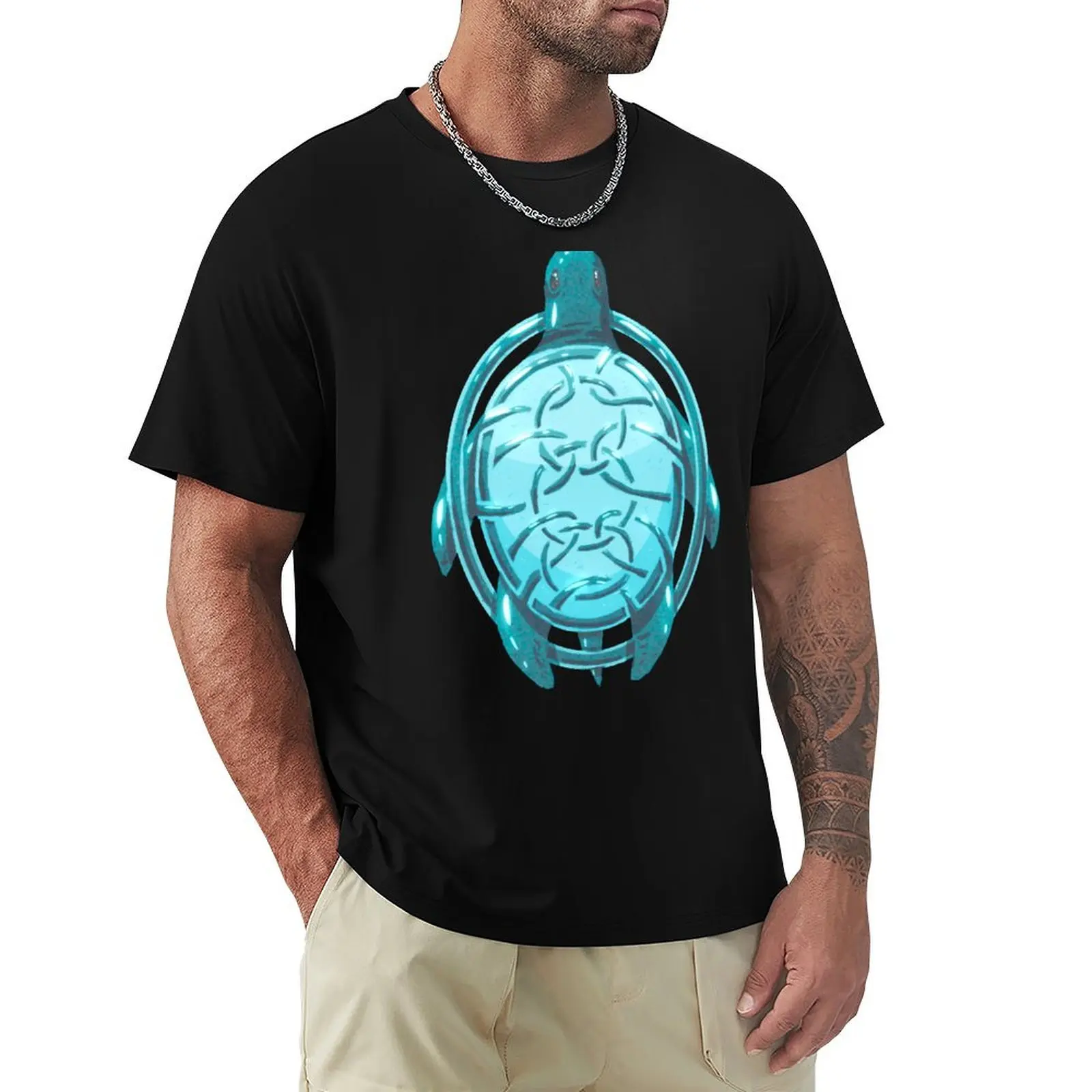 Celtic Sea Turtle Crest Teal Knotwork Art T-Shirt Basic Crew Neck Short Sleeve Top