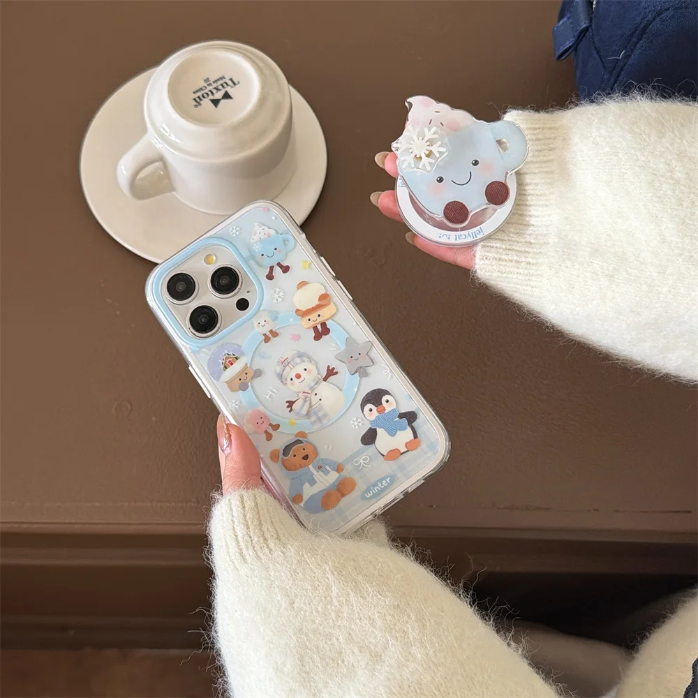 

Cute Penguin Bear Snowflake With Magsafe stand phone case for iPhone 17 Pro 13 14 15 16 Pro Max Cover Cartoon Holder Cases Funda