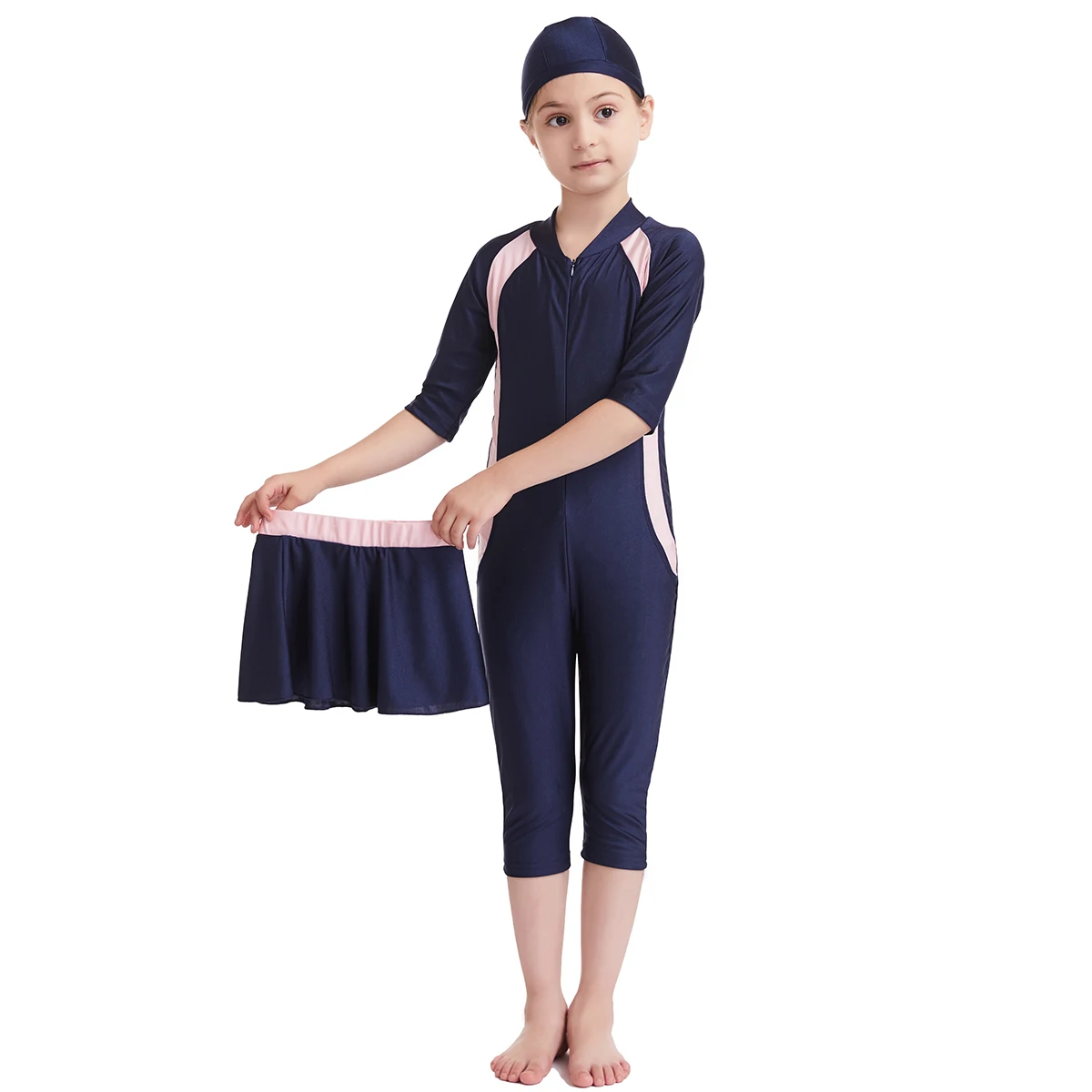 3-12 Years Summer Muslim Girls Color-matching Half Sleeves Zipper Jumpsuits Swimming Clothes Arab Kids 3 PCS Swimsuits