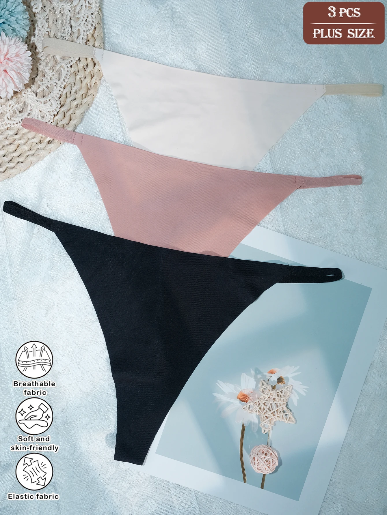3pcs Women Plus Size Panties-Low Waist Comfortable Sexy Thong Underwear,Minimalist Multicolor Plain Invisible Women's Lingerie