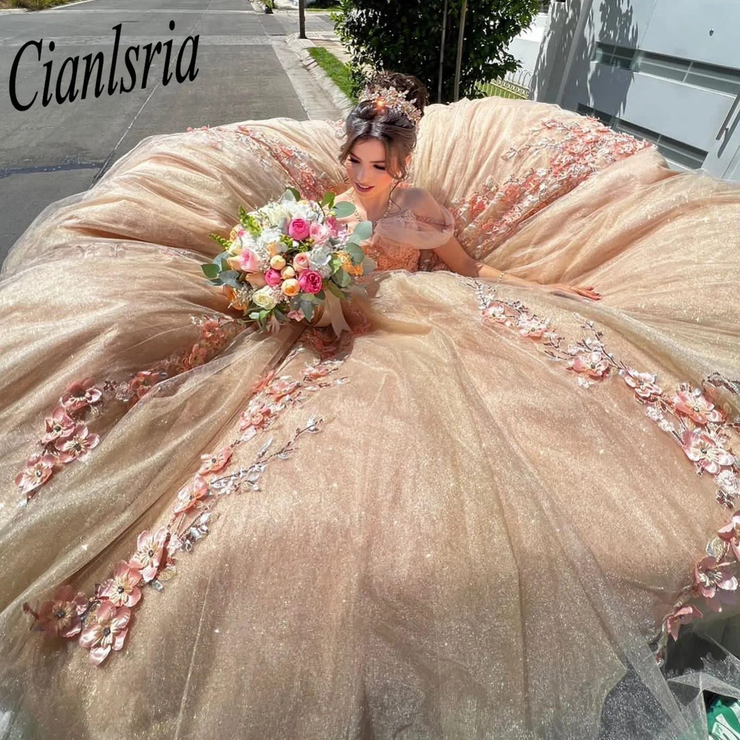 

Cute Pink Princess Ball Gown Quinceanera Dresses 3D Flower Sequins Sweet 16 Dress Vestidos De 15 años