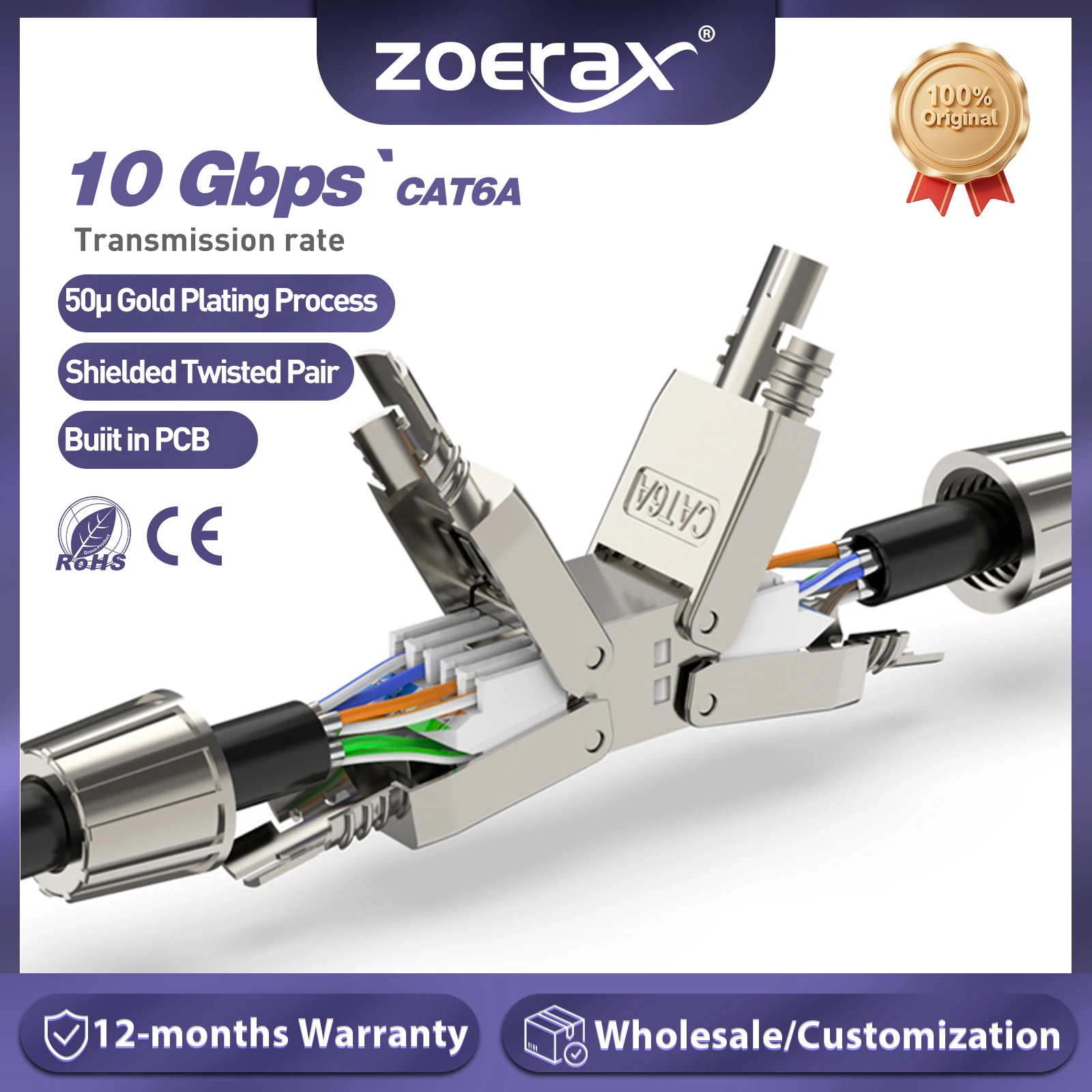 ZoeRax Przedłużacz kabla Cat6A Cat7, adapter łączący, skrzynka przyłączeniowa RJ45, przedłużka kabla LAN, w pełni ekranowany, bez użycia narzędzi