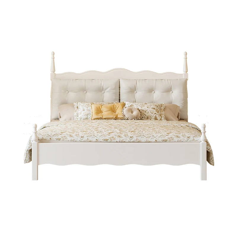 Łóżko małżeńskie do sypialni głównej z miękkim zagłówkiem, łóżko Windsor, białe łóżko księżniczki, kremowe.