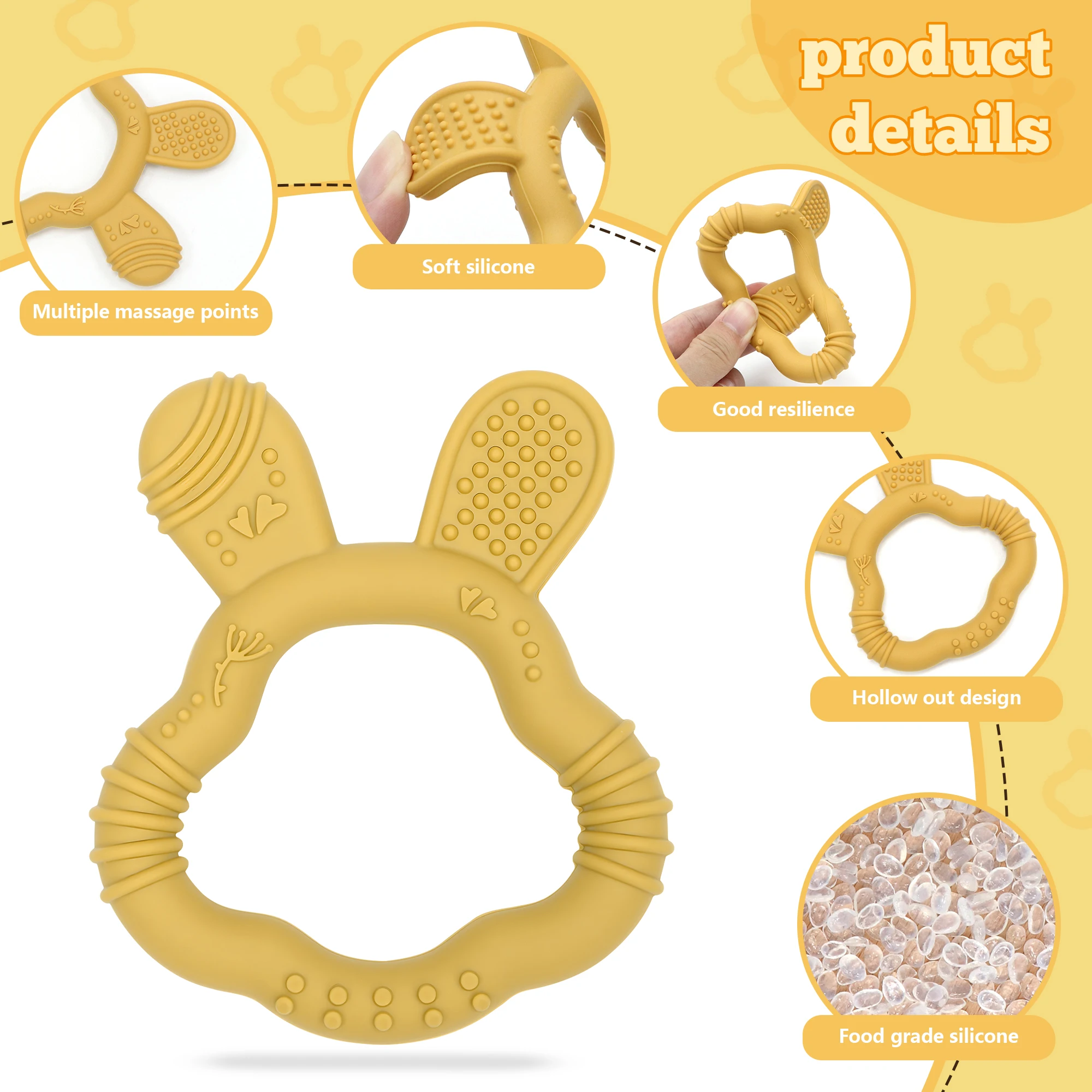 Zabawka do gryzienia dla niemowląt w kształcie króliczych uszu, miękka silikonowa zabawka do gryzienia dla niemowląt, idealny prezent dla noworodków, silikon spożywczy, zabawka wspomagająca rozwój sensoryczny.