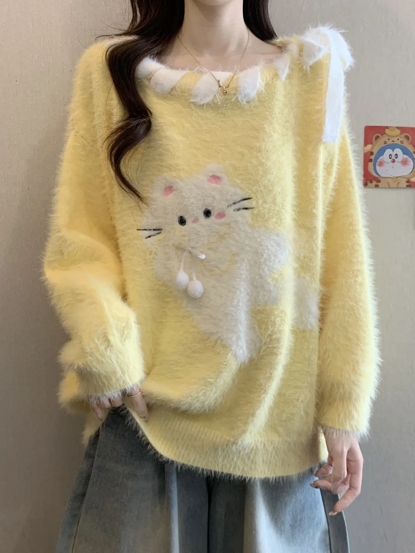 

Women's Knitted Mink Base Shirt Spring Autumn plus Size Cartoon Embroidery Top Comfortable Korean Style Loose Fit Long Sl...