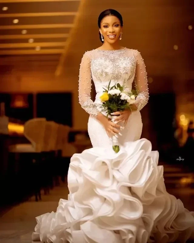 Customized Arabic Aso Ebi Lace Luxurious Mermaid Wedding Dress Sheer Neck Crystals Pearls Beaded Tiers Long Sleeves Bridal Gowns