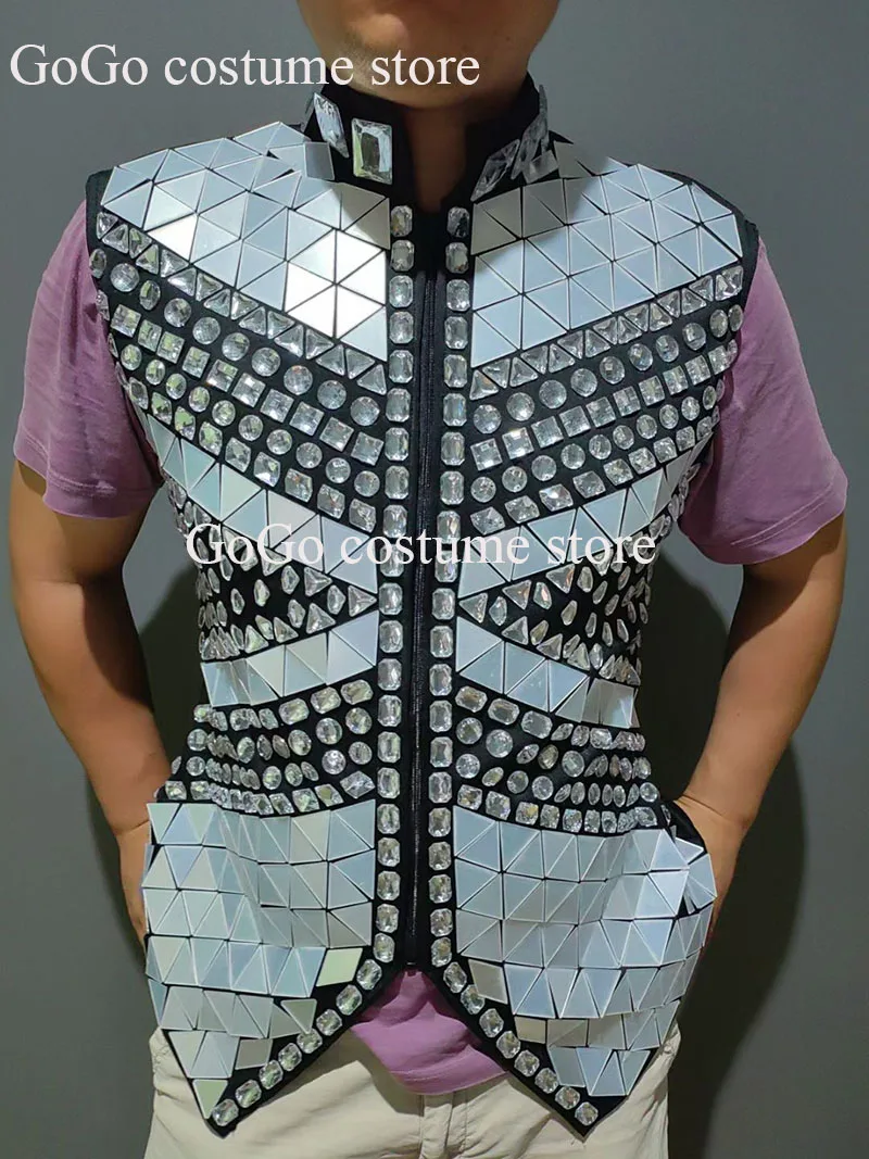 Male Singer Bar Nightclub Stage Crystal Sequins Vest Performance Clothes Drum Dance Coat Sparkly Rhinestones Mirror Waistcoat