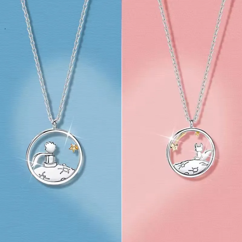 Cartoon Prince And Little Fox Hollowed-out Round Pendant Pendant Necklace For Women Jewelry 2026 Trending Korean Fashion Couple
