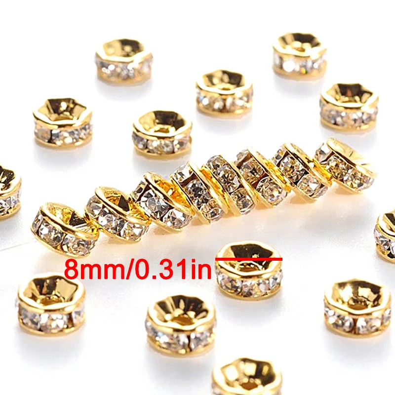 50pcs/lot 8mm Rhinestone Rondelle Crystal Round Loose Spacer Beads for Jewelry Making DIY Bracelet Necklace Accessories