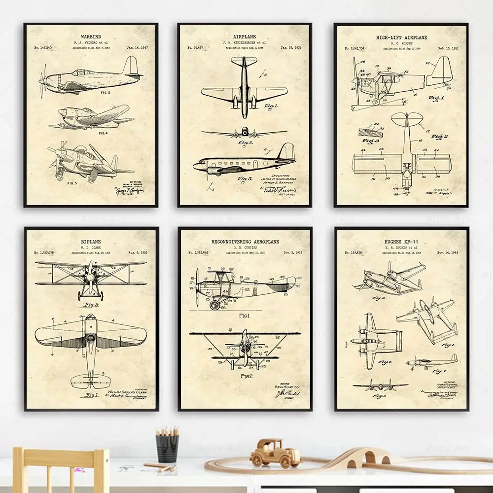طائرة براءة اختراع طباعة ملصق خمر سلاح الجو طائرة مقاتلة مخطط الطيار هدية حائط لوح رسم الفن صور ديكور المنزل