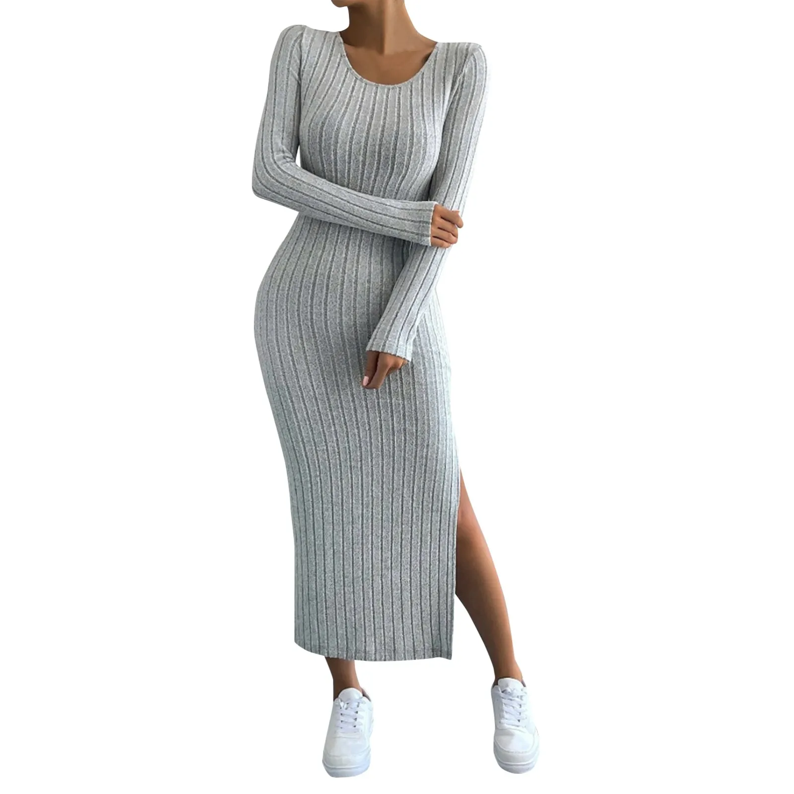 

New Women Autumn Winter Casual Dress Large Size Knitted Dress Sexy Slim Elegant Retro Skirt Long Sleeve Round Neck Slit Dress