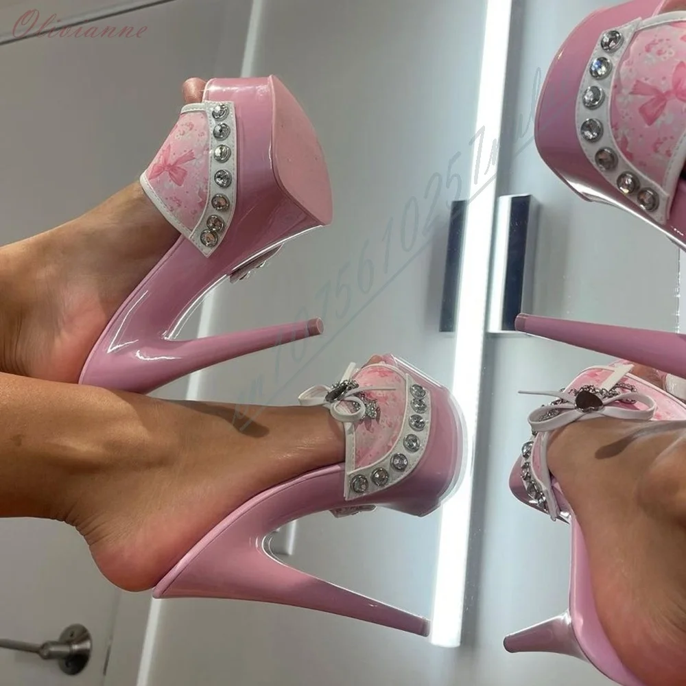 Pink Color Front Butterfly Knot Decor Slippers Peep Toe Platform Stiletto High Heel Summer 2026 Sweet Side Crystals Pole Dance