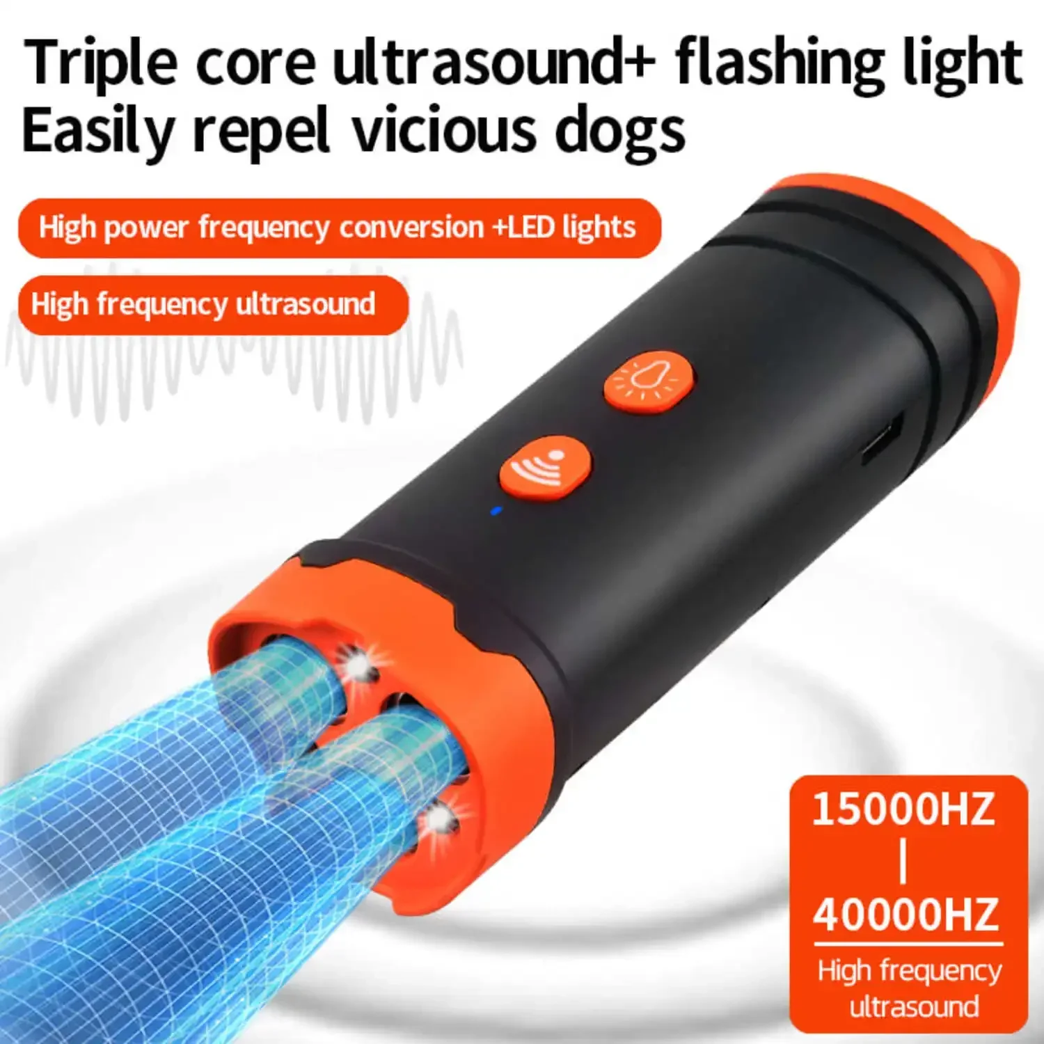 Entrenador ultrasónico portátil para perros, repelente ultrasónico de perros de alta potencia de tres núcleos con luz LED, repelente de perros grandes y viciosos