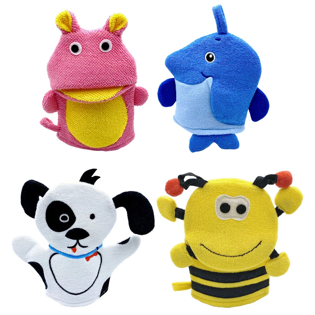 

4 Pcs Cartoon Bath Gloves Comfortable Washcloths Towel Body Towels Child Shower Mitts Composite Cotton Bathroom Animals Baby