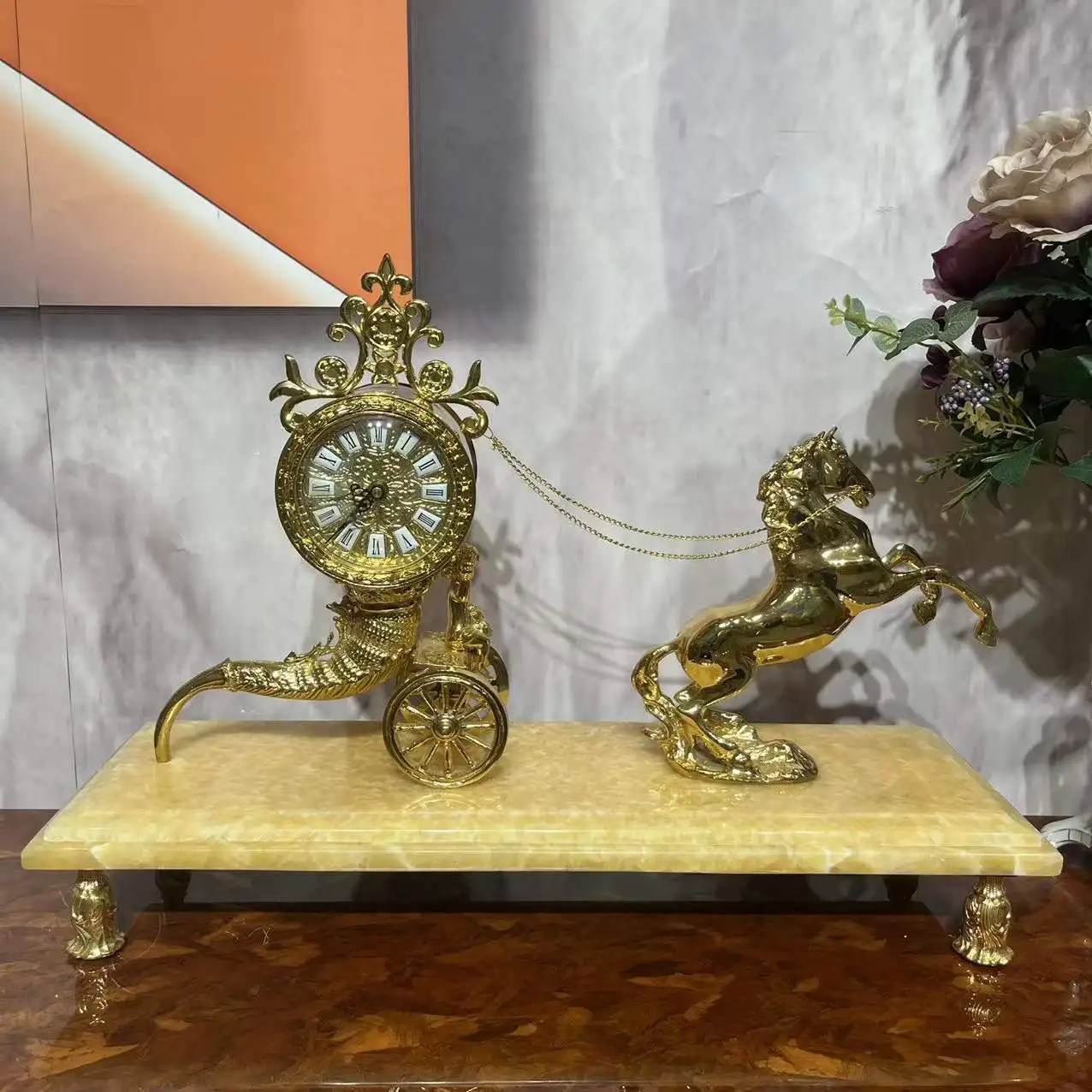 

European Design Horse-Drawn Car Desk Clock Home Marble Table Clock Golden Desk Clock