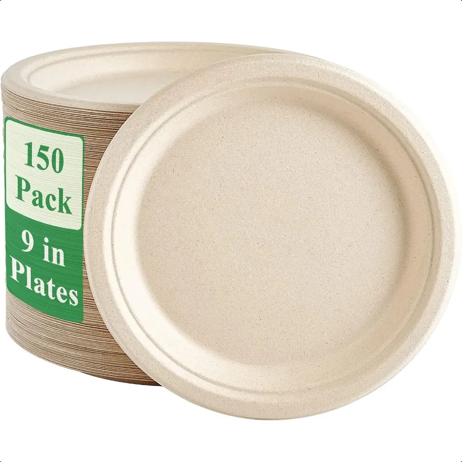 

150 Pack Paper Plates 9 inch 100 Compostable HeavyDuty Paper Plates Bagasse Natural Biodegradable EcoFriendly Sugarcane