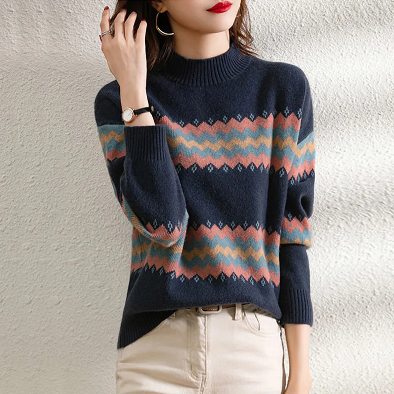 

Вязаный свитер в стиле ретро, повседневный длинный шерстяной топ Camere с высоким воротником, модная универсальная осенне-зимняя одежда