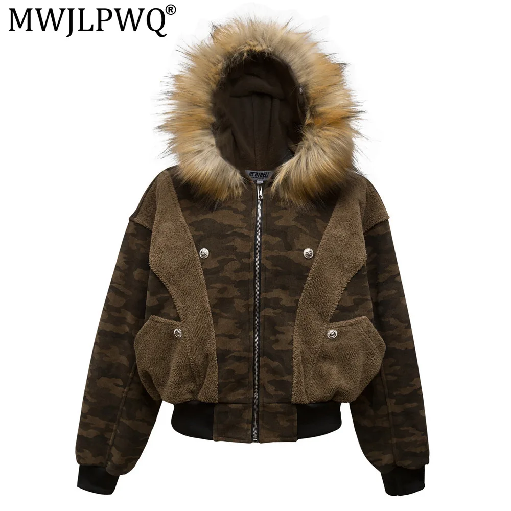 MWJLPWQ Fur Collar Hooded Cotton Jacket American Trendy Men's Loose Camouflage Deconstructed Patchwork Thickened Work Tops 21297