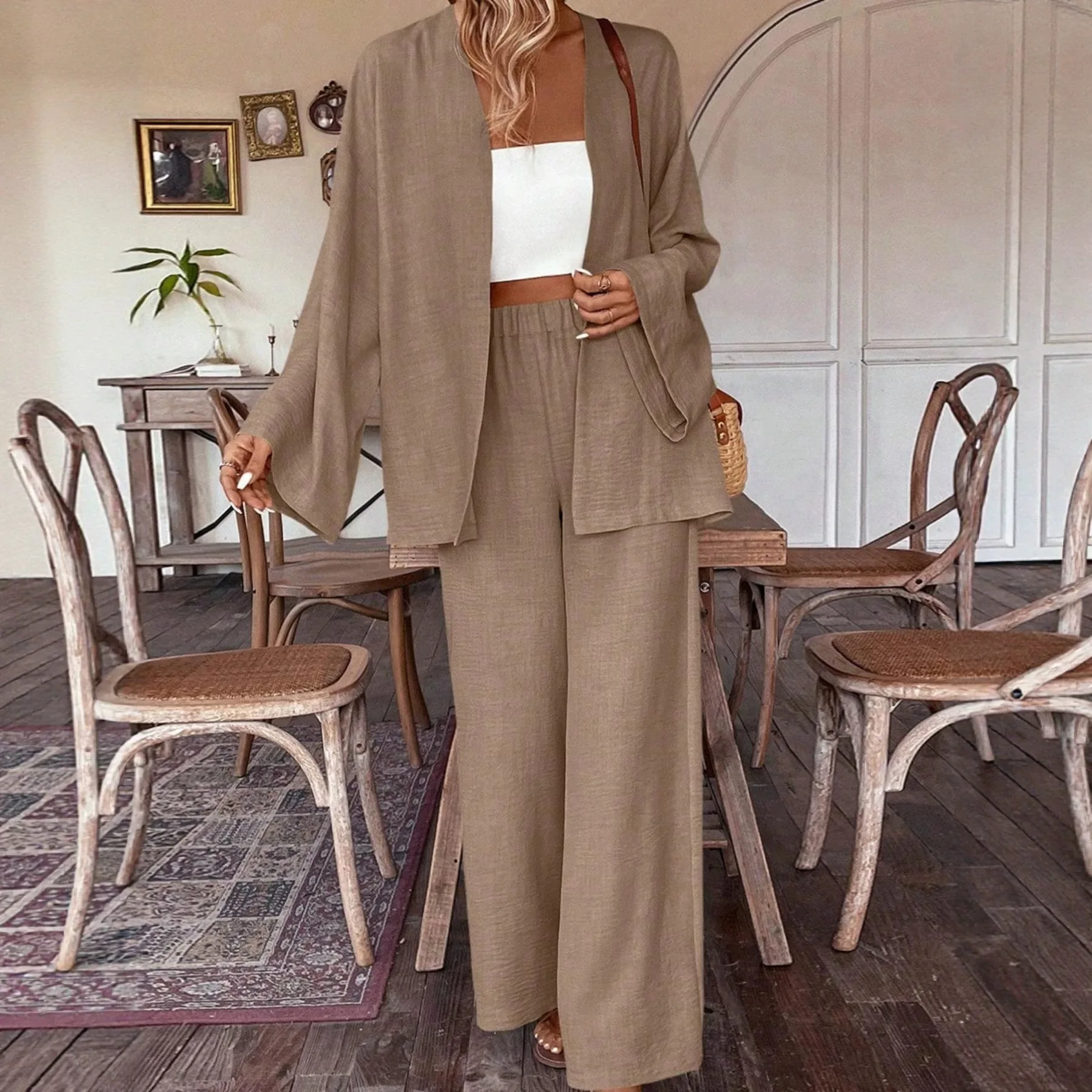 MAISÉRA Quiet Luxury Linen‑Blend 2‑Piece Set Women Open Front Cardigan High Waist Wide Leg Pants Casual Matching Outfit Khaki