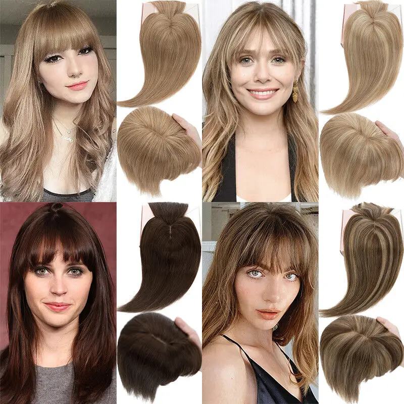 Real Human Hair Wigs Clip In Women Hair Topper Silk Base Topper with Bangs Blonde Hair Toppers for Women Hair Extensions