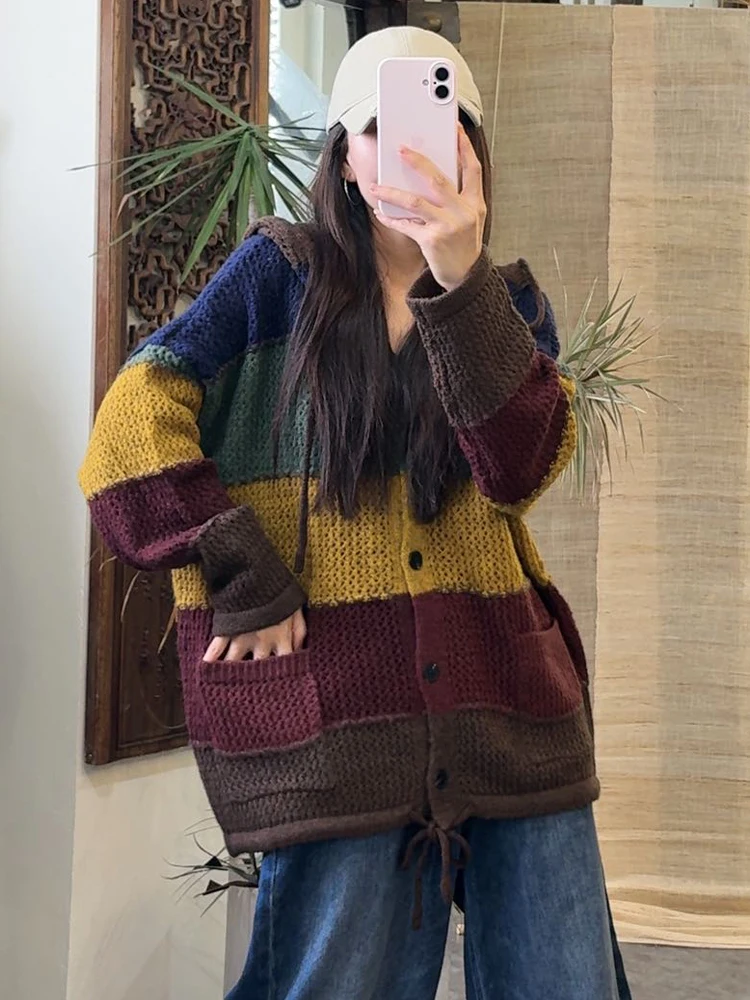 Amax LuluE Koean-cárdigans de moda de invierno para mujer, suéteres de punto holgados clásicos, prendas de punto informales con capucha de gran tamaño