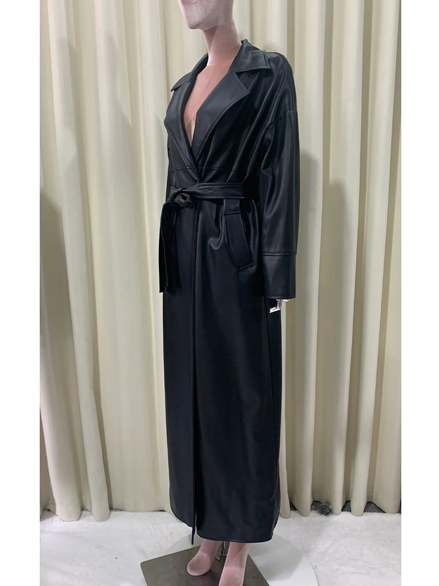 

Spring Autumn Extra Long Black Soft Flowy Pu Leather Coat Women Sashes Loose Casual High Quality Chic Fashion Clothes Overcoat