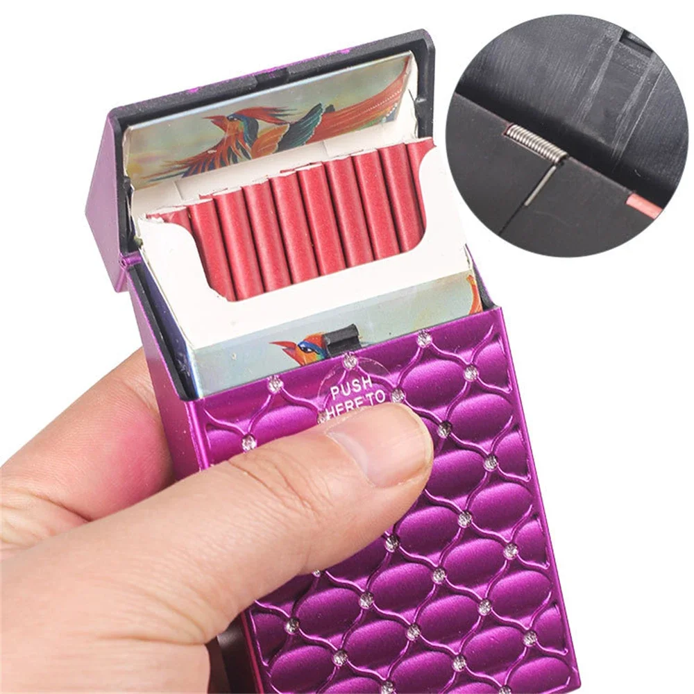 1 قطعة لامعة المحمولة حجر الراين الماس علبة السجائر ل 20 السجائر بلينغ سليم التدخين صندوق تخزين اكسسوارات التدخين الوردي B #2