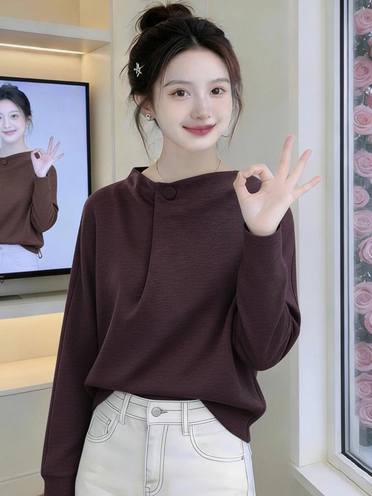 

Unique One-Button Design Sweatirt Women's Sle Slimming Top Meat Concealing Spring 2026 New Arrival Comfortable Loose Fit