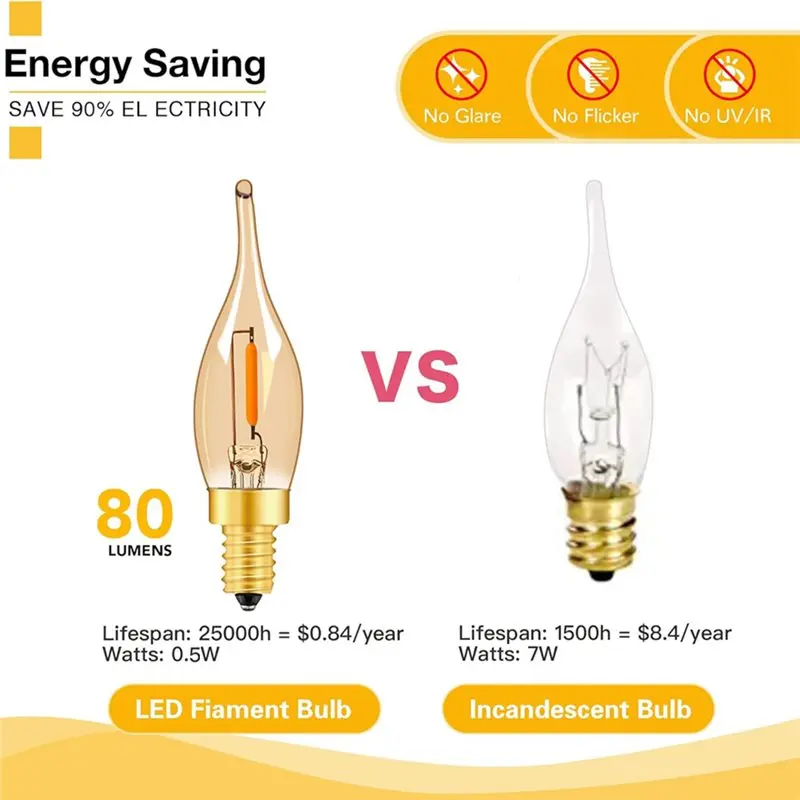 New Shown-Decorative C22 LED Filament Bulb E12 0.5W Dimmable 10 Pcs Amber Candle Light Ampoule Candelabra Night Light E14 220V